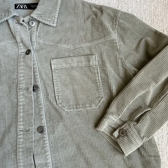 ZARA- Western Green Corduroy Shacket with Frayed Hem - Picture 5 of 7